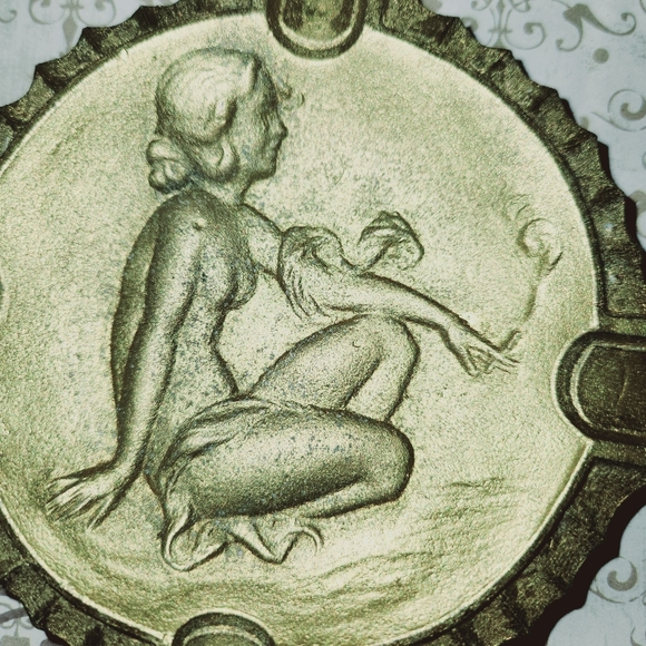 Vintage Art Deco Metal Ashtray Smoking Woman Embossed Image MI Canada - Picture 2 of 5